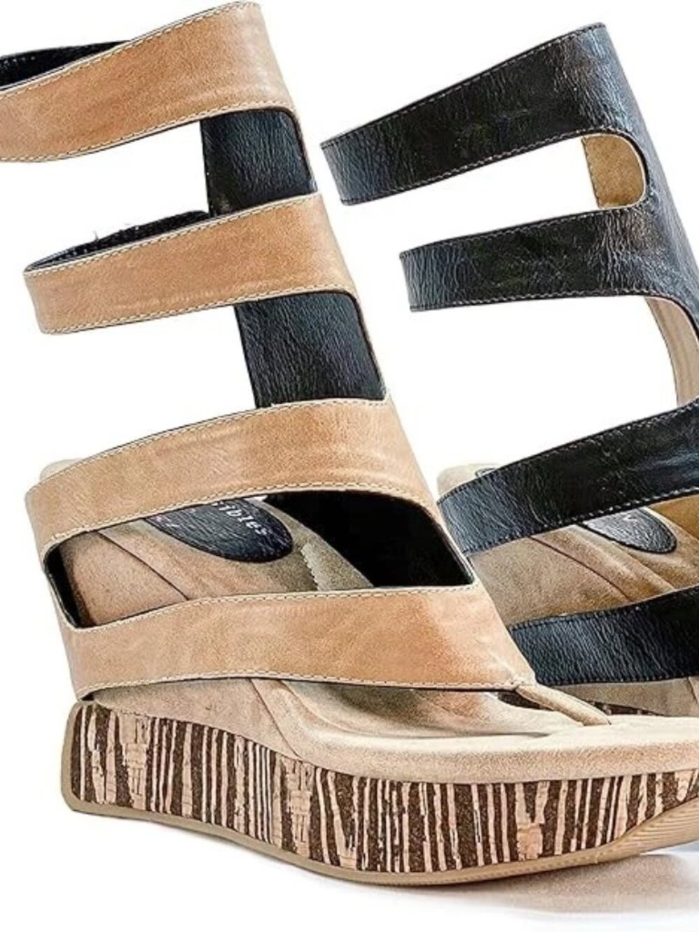 Modzori Women's Size 7 Wedge Reversible Gladiator Sandals Black Beige